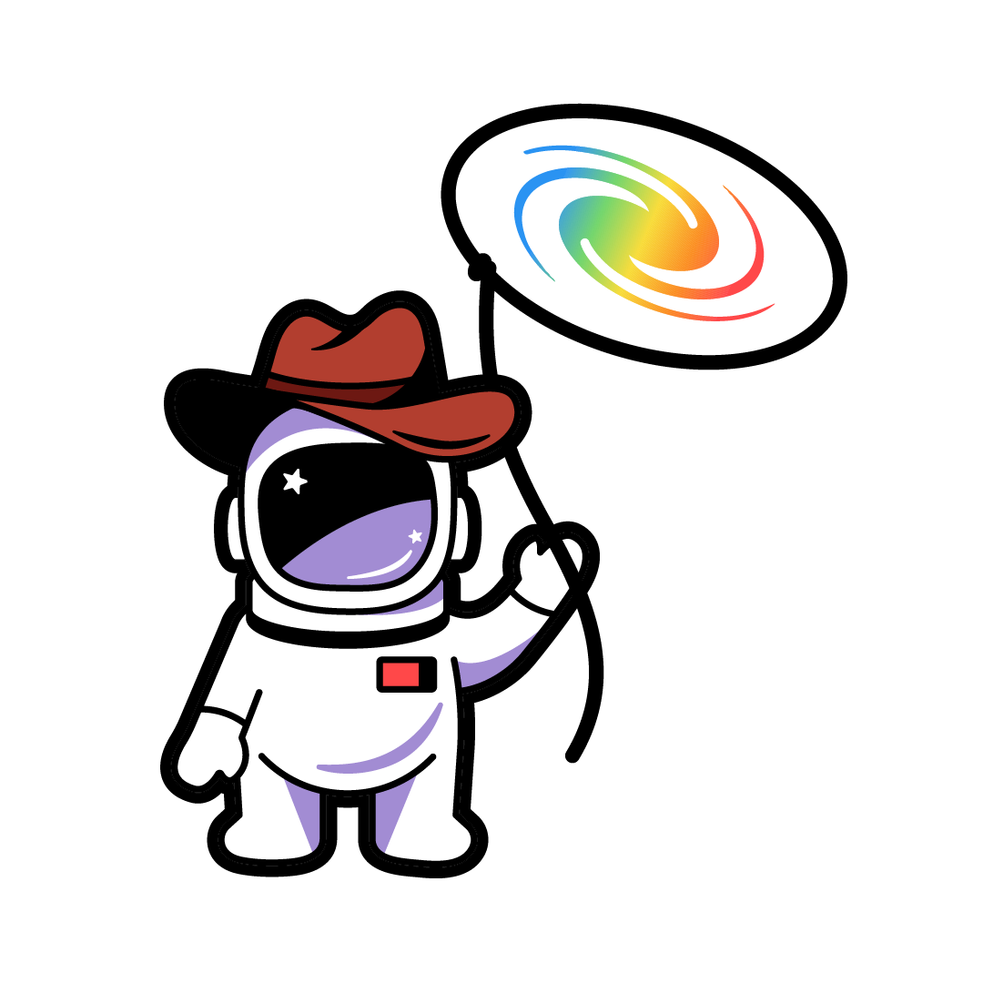 Our Redshift Wrangler logo: an astronaut wearing a cowboy hat and swinging a lasso with a galaxy inside it